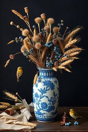 Delft blue vase with dried flowers - rural still life art by Kleurenrijk