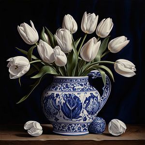 Tulipes blanches dans un vase en faïence bleue de Delft sur Vlindertuin Art