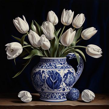 Witte tulpen in Delfts blauwe aardewerken vaas van Vlindertuin Art