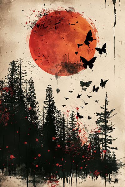 Lune rousse et papillons en forêt noire par Art & Soul Creations