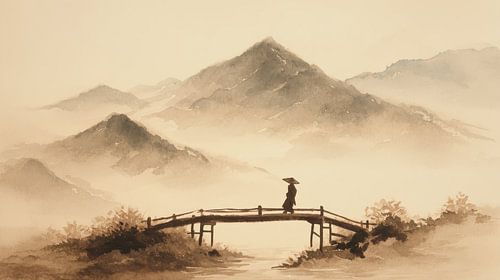 Japanese landscape painting featuring a bridge and mountains