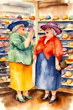 2 sociable ladies try on hats by De gezellige Dames