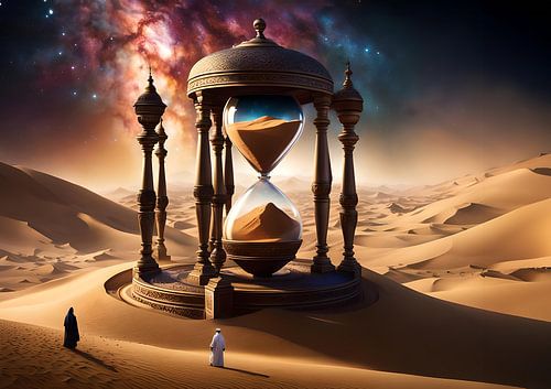 Bedouin mannen in de woestijn kijken naar een grote zandloper.