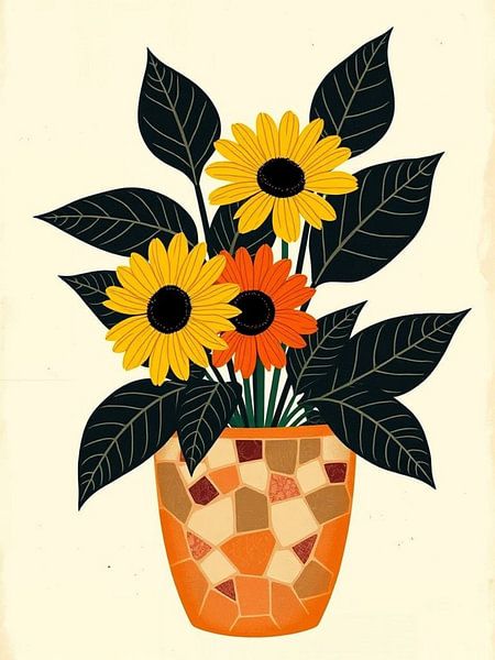 Chef-d'œuvre de mosaïque de tournesols et de marguerites en pot - Une impression à la giclée célébrant la chaleur de la nature par Artistic