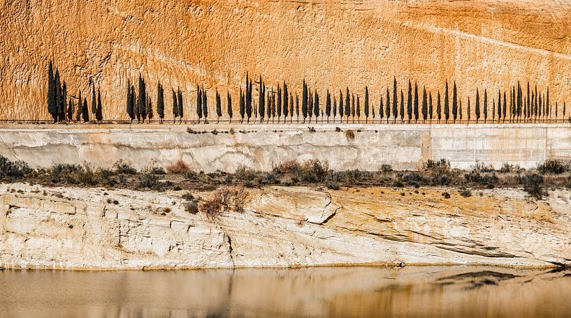 Rij van cypressen tegen een oranje rotsachtige achtergrond van Wout Kok
