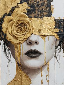 Frau mit goldener Rose vor den Augen – Luxuriöse abstrakte Wanddekoration