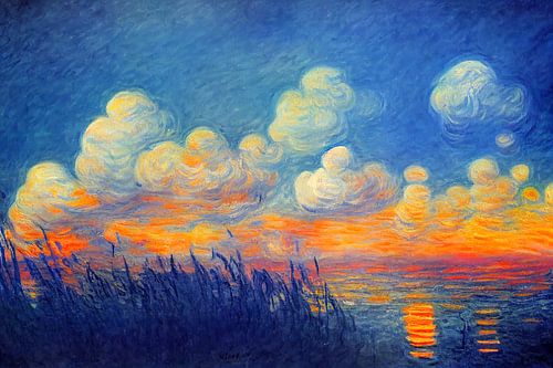 Zeezicht in blauw en oranje