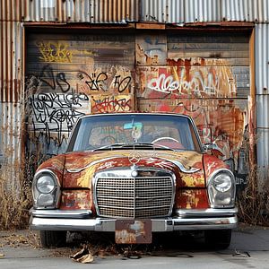 Graffiti Mercedes Benz Oldtimer geschlossen rostiger Hintergrund