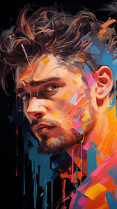 Porträt eines jungen abstrakten Mannes mit bemaltem Gesicht, Pop-Art-Bodypainting-Design vertikal