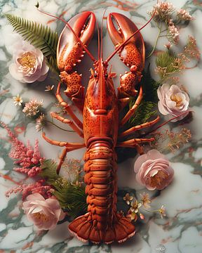 Rouge homard sur un lit de fleurs sur Rene Ladenius Digital Art