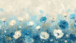 Blaue und weiße Blumen auf dem Feld