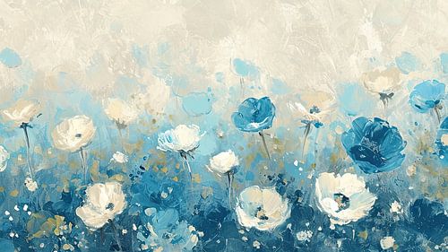 Blauwe en witte bloemen in het veld