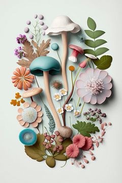 Paddenstoelen en bloemen collage | Art 6 van Digitale Schilderijen