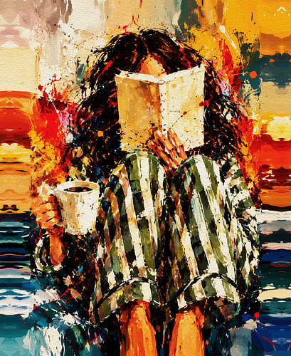 Une jeune fille lisant un livre devant un café – Portrait expressif aux éclaboussures de peinture