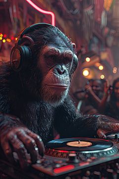 Coole aap DJ in club met te grote koptelefoon van Felix Brönnimann