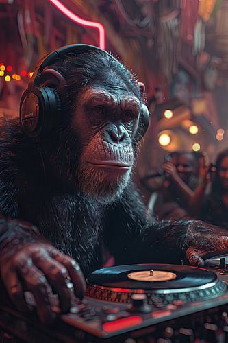 Cool Monkey DJ au club avec des écouteurs surdimensionnés