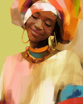 Kleurrijk modern en abstract portret van een Afrikaanse vrouw van Carla Van Iersel