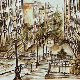 Die Stufen des Montmartre in Paris(2) Handgemaltes Aquarell von Ineke de Rijk