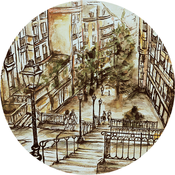 De trappen van Montmartre in Parijs.(2)  Handgeschilderde aquarel