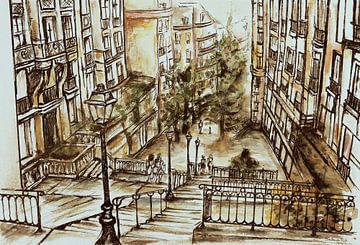 De trappen van Montmartre in Parijs.(2)  Handgeschilderde aquarel