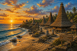 Village patrimonial de Ratenggaro au coucher du soleil, inspiré de la culture côtière du sud-ouest de Sumba, Indonésie – Peinture à l'huile sur Vínculae