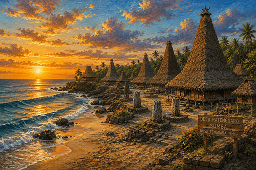 Ratenggaro Sunset Heritage Village, inspiriert von der Küstenkultur im Südwesten von Sumba, Indonesien – Ölgemälde