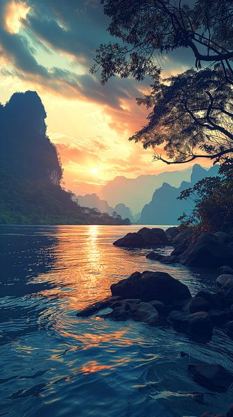 Zonsondergang aan de Thaise Rivier van Vlindertuin-Art