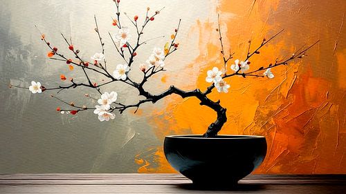 Zen. Japandi Art.  Stilleven Bloeiende bloesem (Bonsai stijl)