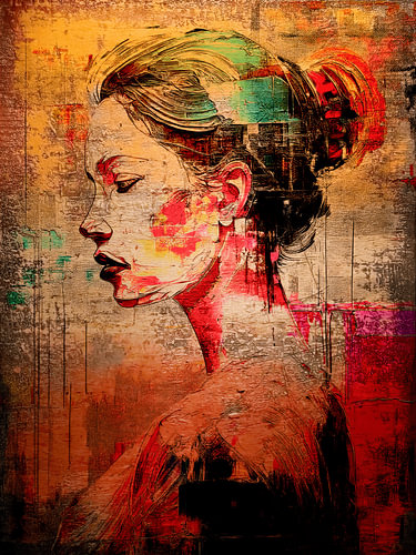 Mixed-media portrait of a woman in warm colours and textures
