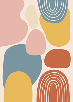 Minimalistische, flache Vektorillustration mit abstrakten, aneinandergereihten Bögen und farbenfrohen organischen Formen im Boho-Stil.