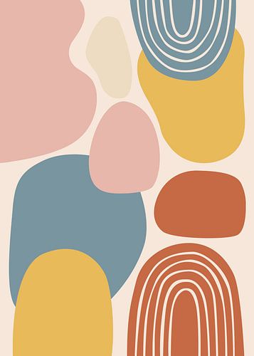 Minimalistische, platte, abstracte vectorillustratie van gebogen bogen en kleurrijke organische vormen in boho-stijl.