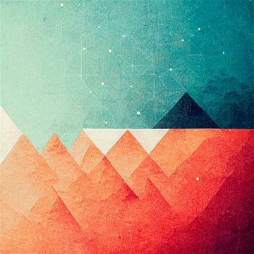 Bergen, bomen, zon, sterren en nacht, abstract werk van kleurrijke geometrische vormen