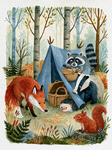 Waldtiere beim Camping im Birkenwald mit Fuchs, Dachs und Waschbär im Herbst
