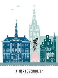 Skyline illustration city of Den Bosch in colour by Mevrouw Emmer