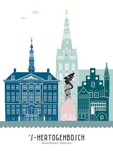 Skyline illustratie stad Den Bosch in kleur van Mevrouw Emmer