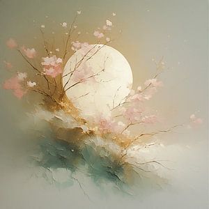 Ein wabi sabi ländlicher Blütenmond in sanften Farben.