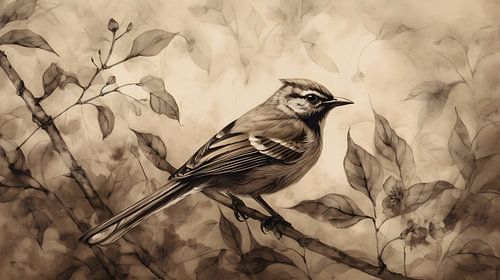 Oiseau sur une brindille parmi les feuilles