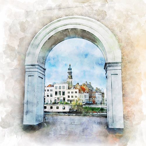 Aquarell der Nieuwepoortstraat in Middelburg
