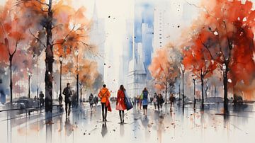 abstract watercolour painting people in the city, art design by Animaflora PicsStock