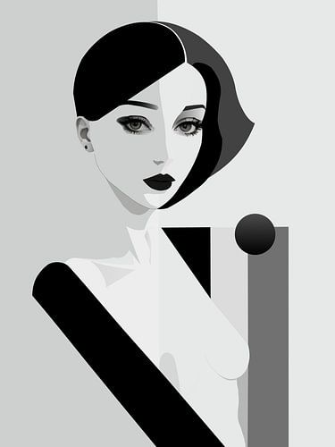 Minimalistisch Vrouwenportret – Zwart-Wit Abstracte Kunst met Geometrische Vormen