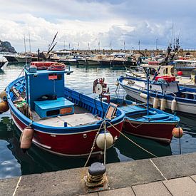 Boten in de haven van Maiori aan de Amalfikust in Italië van Rico Ködder