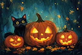 Halloween art black cat with pumpkins autumn vibes
