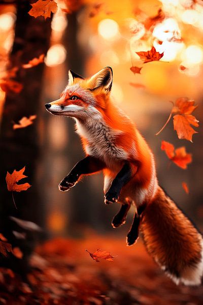springender Fuchs im Herbstwald von Poster Art Shop