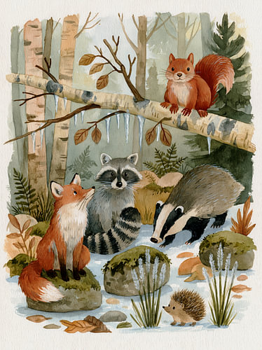 Les amis de la forêt face au premier gel – Les animaux de la forêt entre les bouleaux et les glaçons