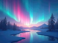 Aurora borealis weerspiegelend op besneeuwd landschap bij zonsondergang