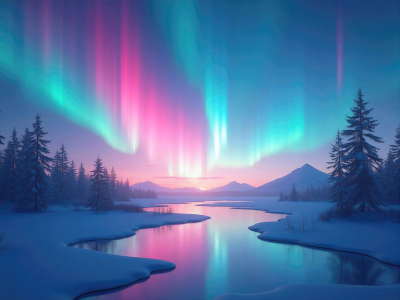 Aurora borealis weerspiegelend op besneeuwd landschap bij zonsondergang van Markus Gann