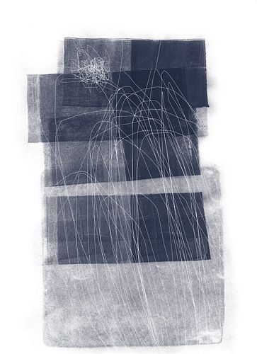 Abstracte blauwe en witte vlakken en lijnen. Inkt, monotype, potlood.