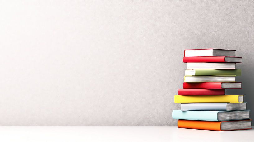Pile of books in front of a white wall by Frank Heinz