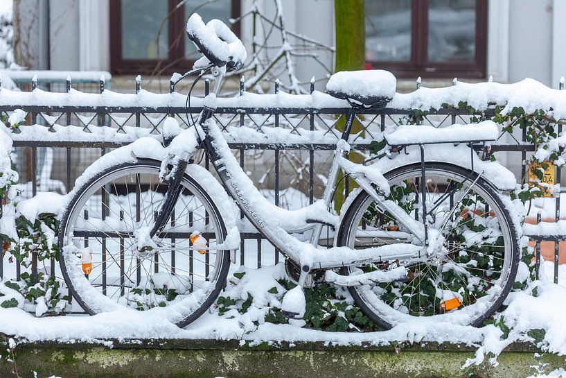 Verschneites parkendes Fahrrad an einem Gartenzaun, Bremen, Deutschland, Europa von Torsten Krüger