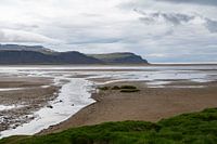 Foto op strand in IJsland met uitzicht op de bergen